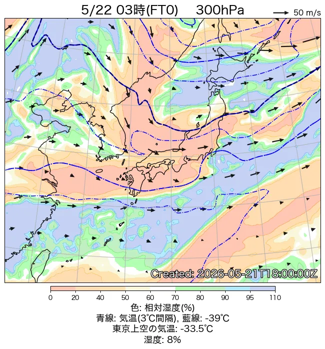 2026年5月22日の日本周辺の300hPa天気図（3時）