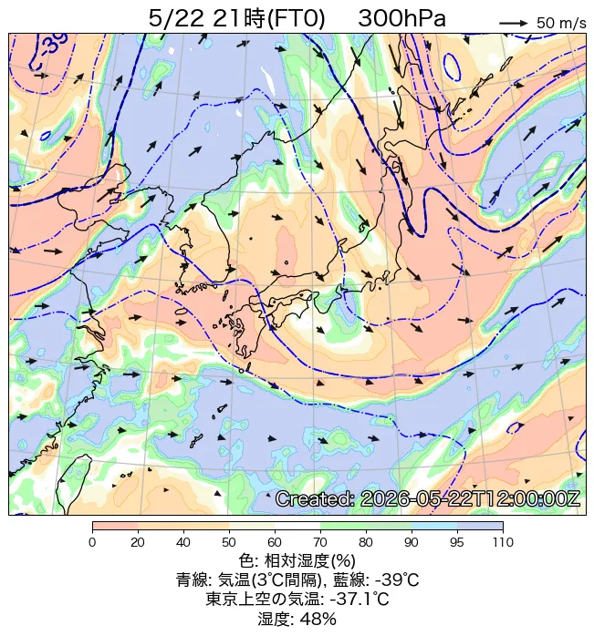 2026年5月22日の日本周辺の300hPa天気図（21時）
