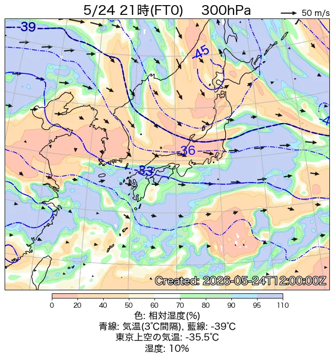 2026年5月24日の日本周辺の300hPa天気図（21時）