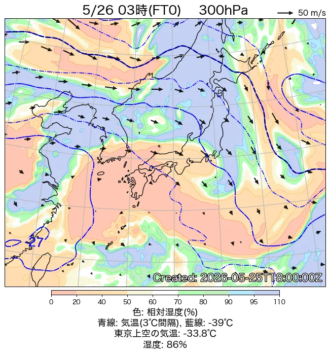 2026年5月26日の日本周辺の300hPa天気図（3時）