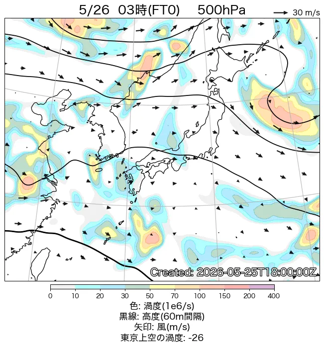 2026年5月26日の日本周辺の500hPa天気図（3時）