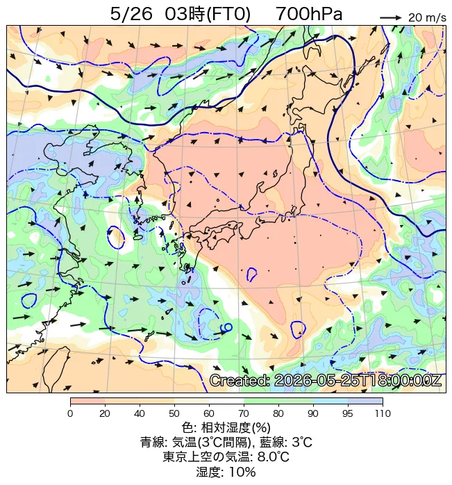 2026年5月26日の日本周辺の700hPa天気図（3時）