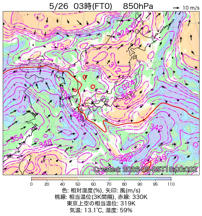 2026年5月26日の日本周辺の850hPa天気図（3時）