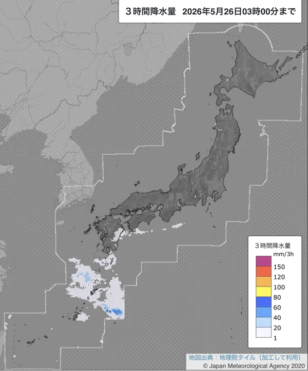 2026年5月26日0〜3時の日本周辺の3時間解析降水量