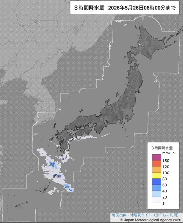 2026年5月26日3〜6時の日本周辺の3時間解析降水量