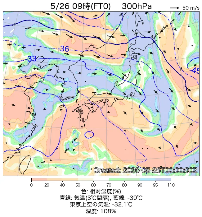 2026年5月26日の日本周辺の300hPa天気図（9時）