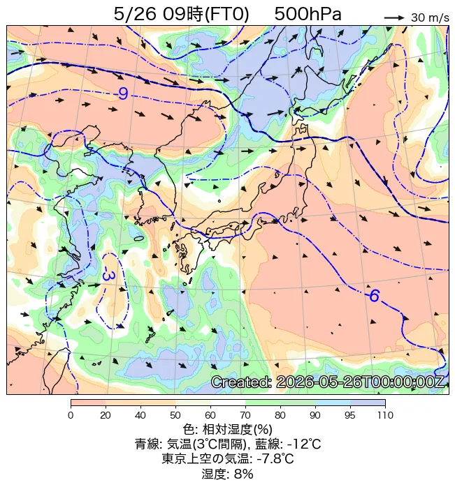 2026年5月26日の日本周辺の500hPa天気図（9時）