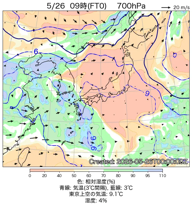 2026年5月26日の日本周辺の700hPa天気図（9時）