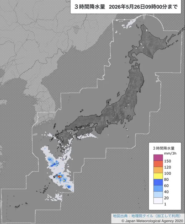 2026年5月26日6〜9時の日本周辺の3時間解析降水量