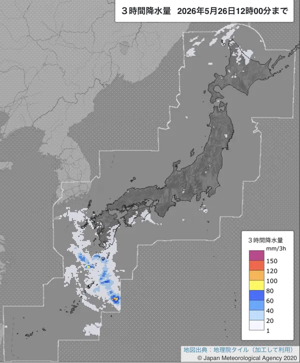 2026年5月26日9〜12時の日本周辺の3時間解析降水量