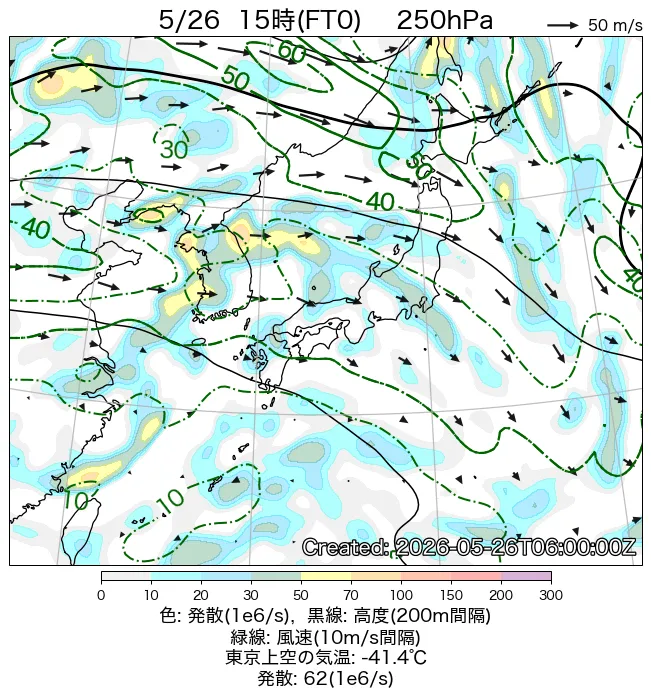 2026年5月26日の日本周辺の250hPa天気図（15時）