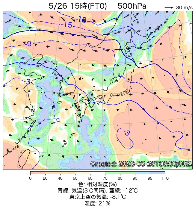 2026年5月26日の日本周辺の500hPa天気図（15時）