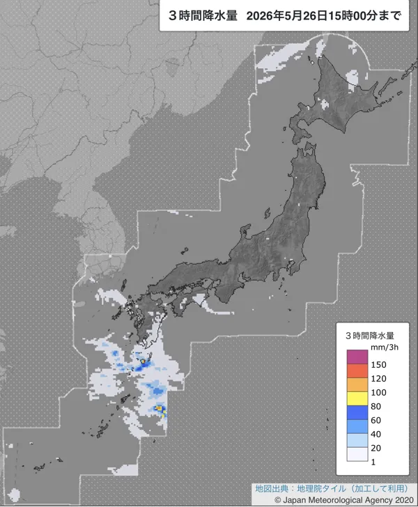 2026年5月26日12〜15時の日本周辺の3時間解析降水量