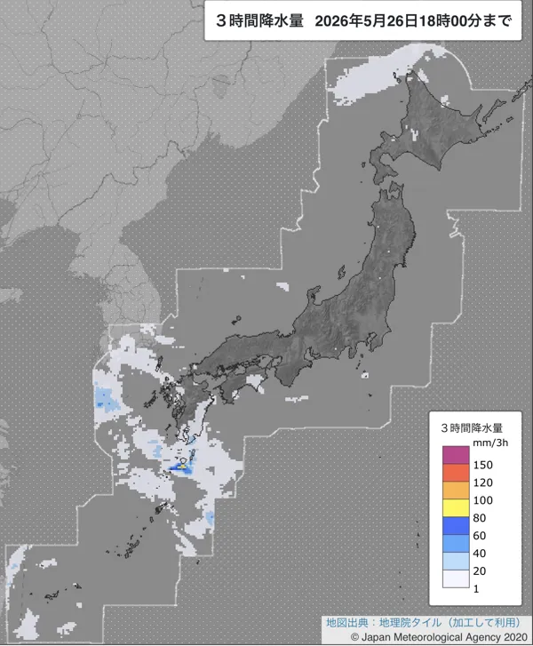 2026年5月26日15〜18時の日本周辺の3時間解析降水量