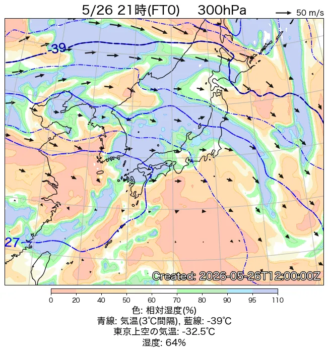 2026年5月26日の日本周辺の300hPa天気図（21時）