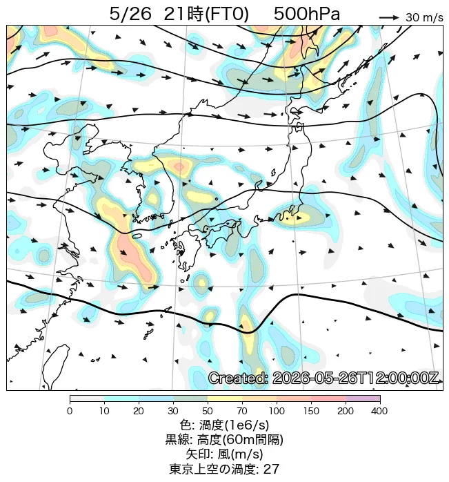 2026年5月26日の日本周辺の500hPa天気図（21時）