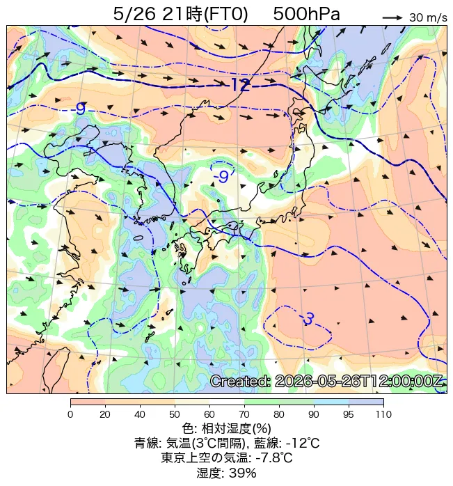 2026年5月26日の日本周辺の500hPa天気図（21時）
