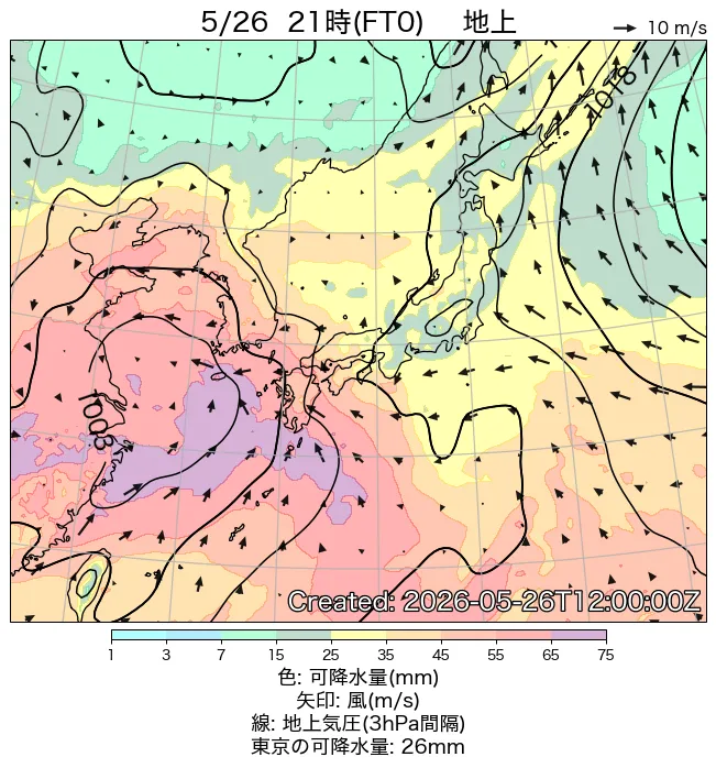2026年5月26日の日本周辺の地上天気図（21時）