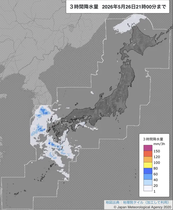 2026年5月26日18〜21時の日本周辺の3時間解析降水量