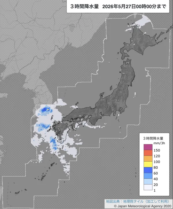 2026年5月26日21〜24時の日本周辺の3時間解析降水量