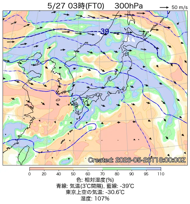 2026年5月27日の日本周辺の300hPa天気図（3時）