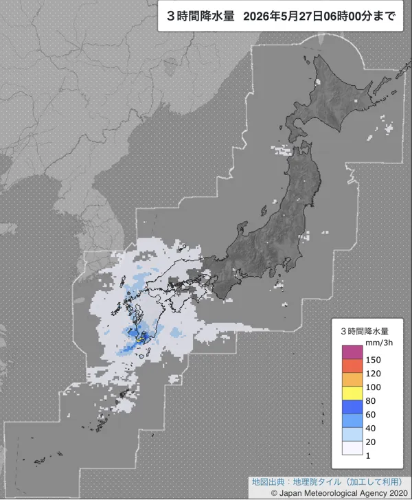 2026年5月27日3〜6時の日本周辺の3時間解析降水量