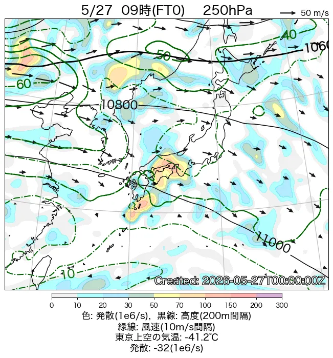 2026年5月27日の日本周辺の250hPa天気図（9時）