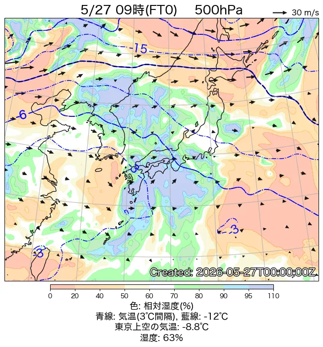 2026年5月27日の日本周辺の500hPa天気図（9時）