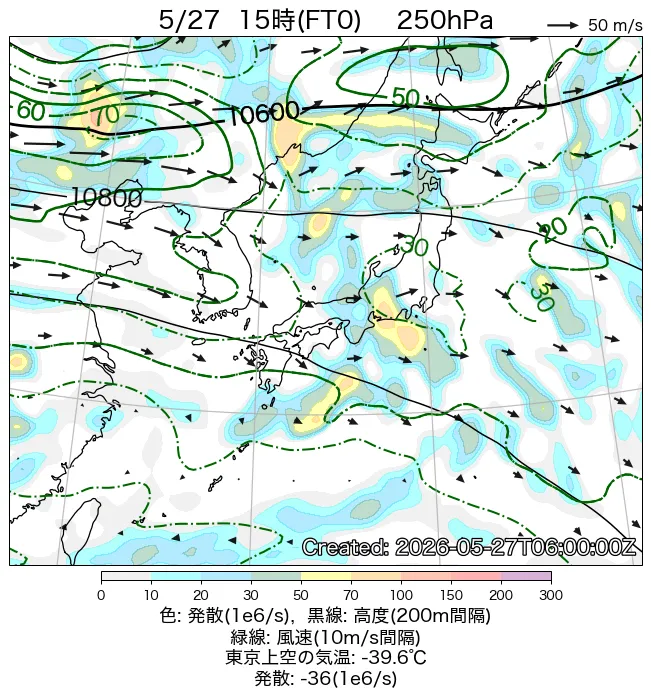 2026年5月27日の日本周辺の250hPa天気図（15時）
