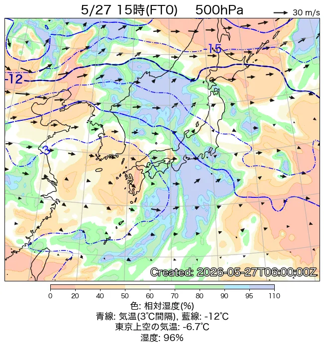 2026年5月27日の日本周辺の500hPa天気図（15時）