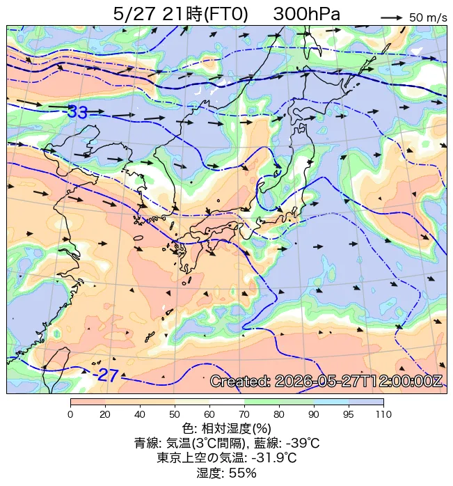 2026年5月27日の日本周辺の300hPa天気図（21時）