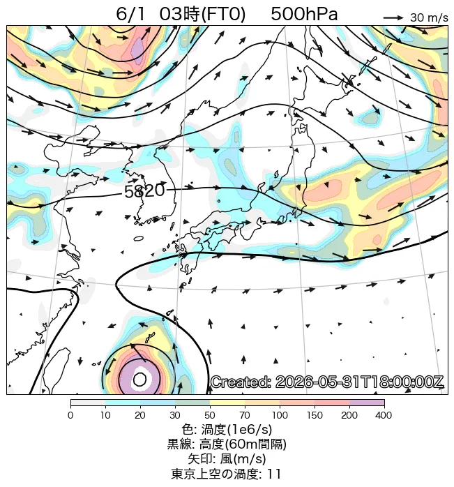 2026年6月1日の日本周辺の500hPa天気図（3時）