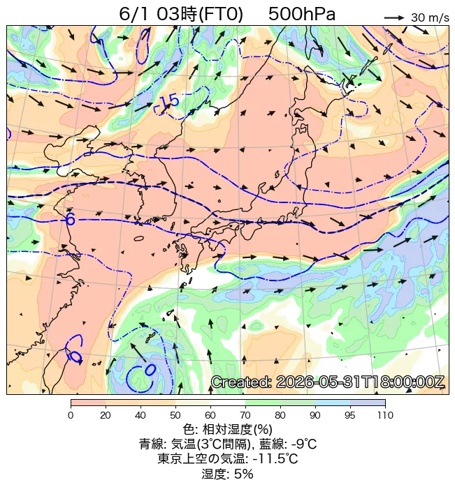 2026年6月1日の日本周辺の500hPa天気図（3時）