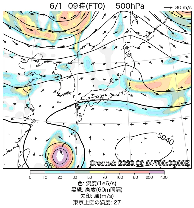 2026年6月1日の日本周辺の500hPa天気図（9時）