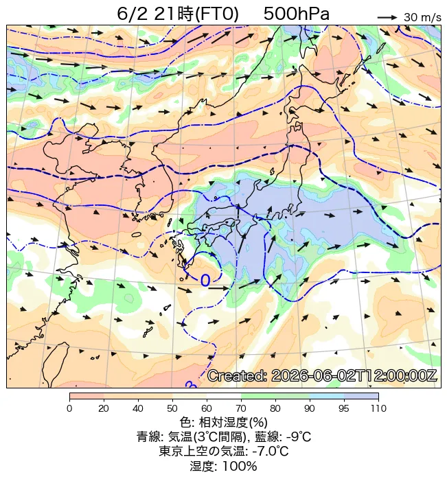 2026年6月2日の日本周辺の500hPa天気図（21時）