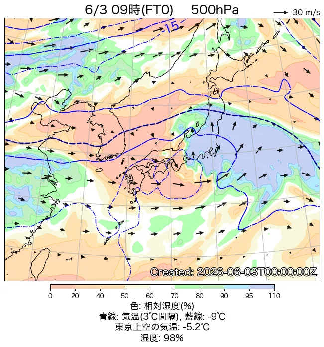 2026年6月3日の日本周辺の500hPa天気図（9時）