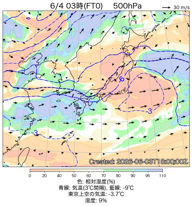 2026年6月4日の日本周辺の500hPa天気図（3時）