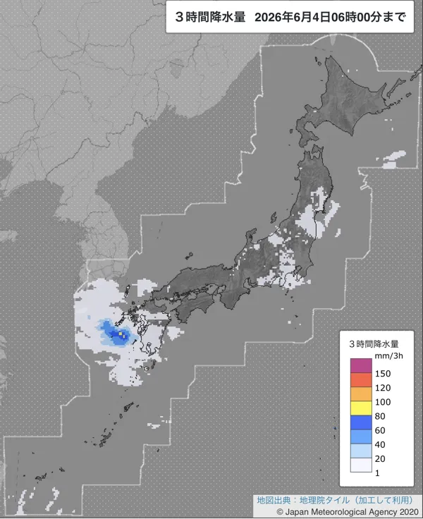 2026年6月4日3〜6時の日本周辺の3時間解析降水量