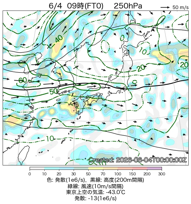 2026年6月4日の日本周辺の250hPa天気図（9時）