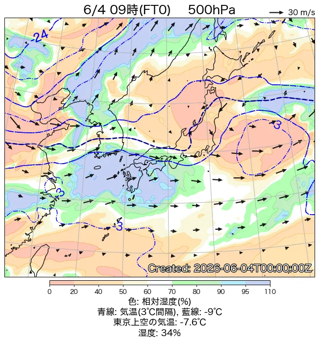 2026年6月4日の日本周辺の500hPa天気図（9時）