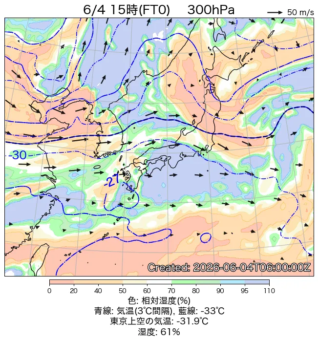 2026年6月4日の日本周辺の300hPa天気図（15時）