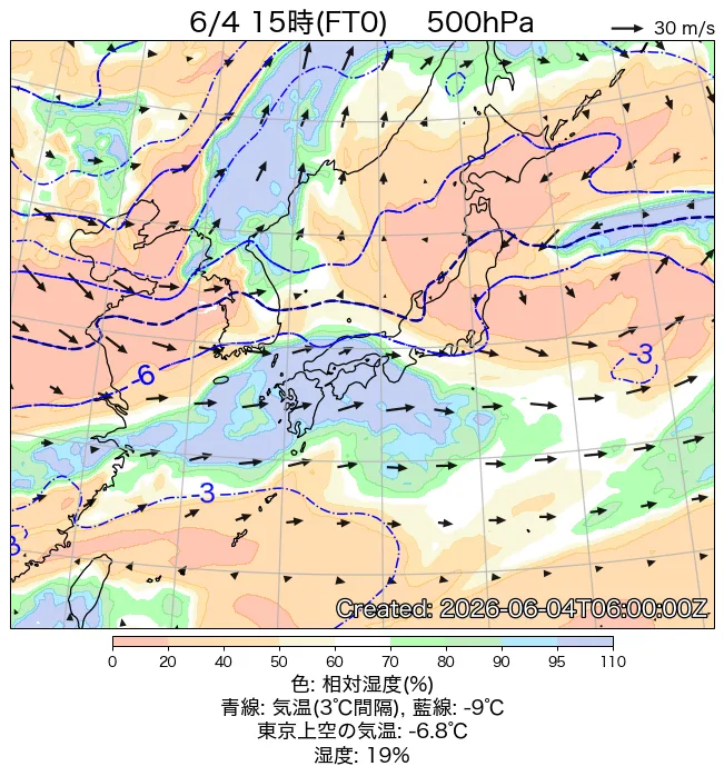 2026年6月4日の日本周辺の500hPa天気図（15時）