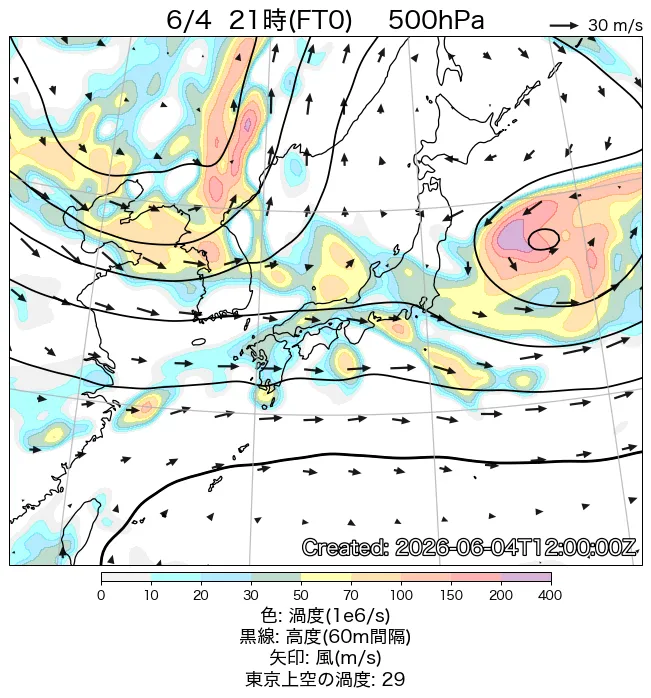 2026年6月4日の日本周辺の500hPa天気図（21時）