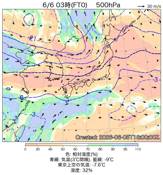2026年6月6日の日本周辺の500hPa天気図（3時）