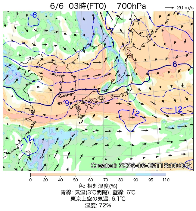 2026年6月6日の日本周辺の700hPa天気図（3時）
