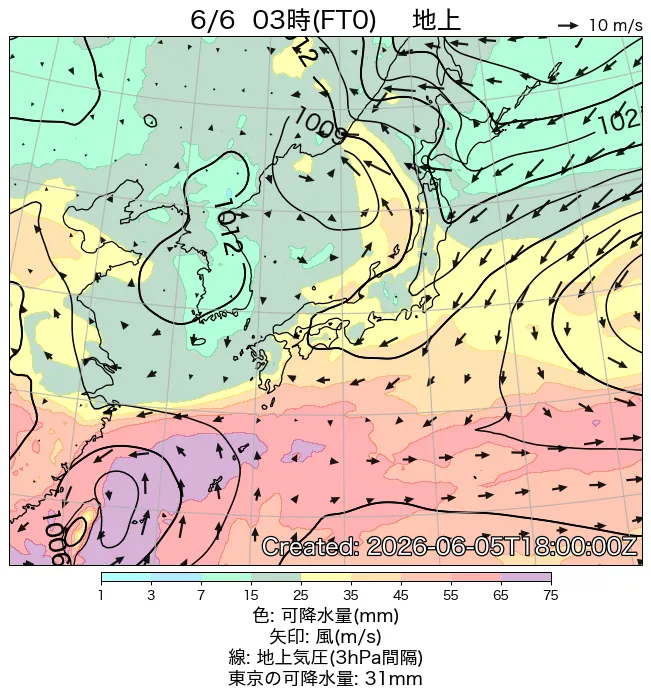 2026年6月6日の日本周辺の地上天気図（3時）