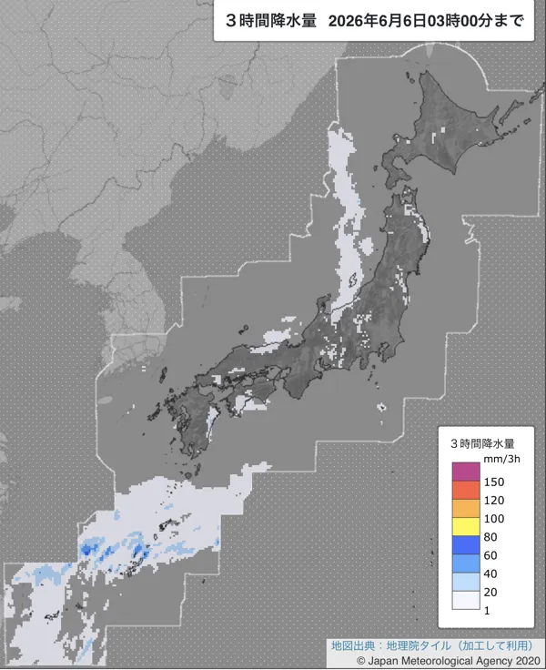 2026年6月6日0〜3時の日本周辺の3時間解析降水量