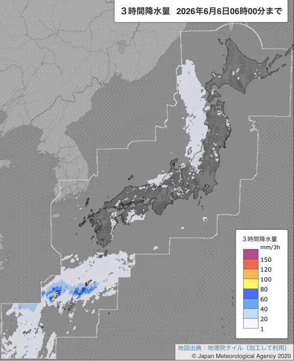 2026年6月6日3〜6時の日本周辺の3時間解析降水量