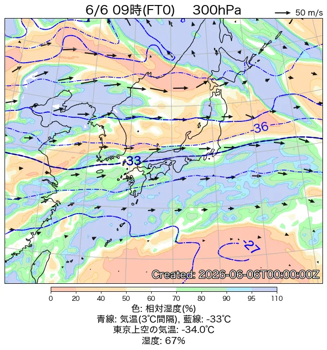 2026年6月6日の日本周辺の300hPa天気図（9時）