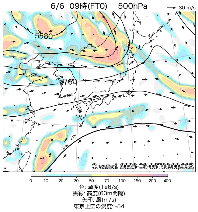 2026年6月6日の日本周辺の500hPa天気図（9時）